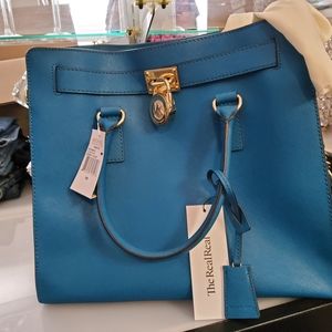 NWT Michael Kors Large Tote Bag Genuine Leather Hamilton Teal Blue